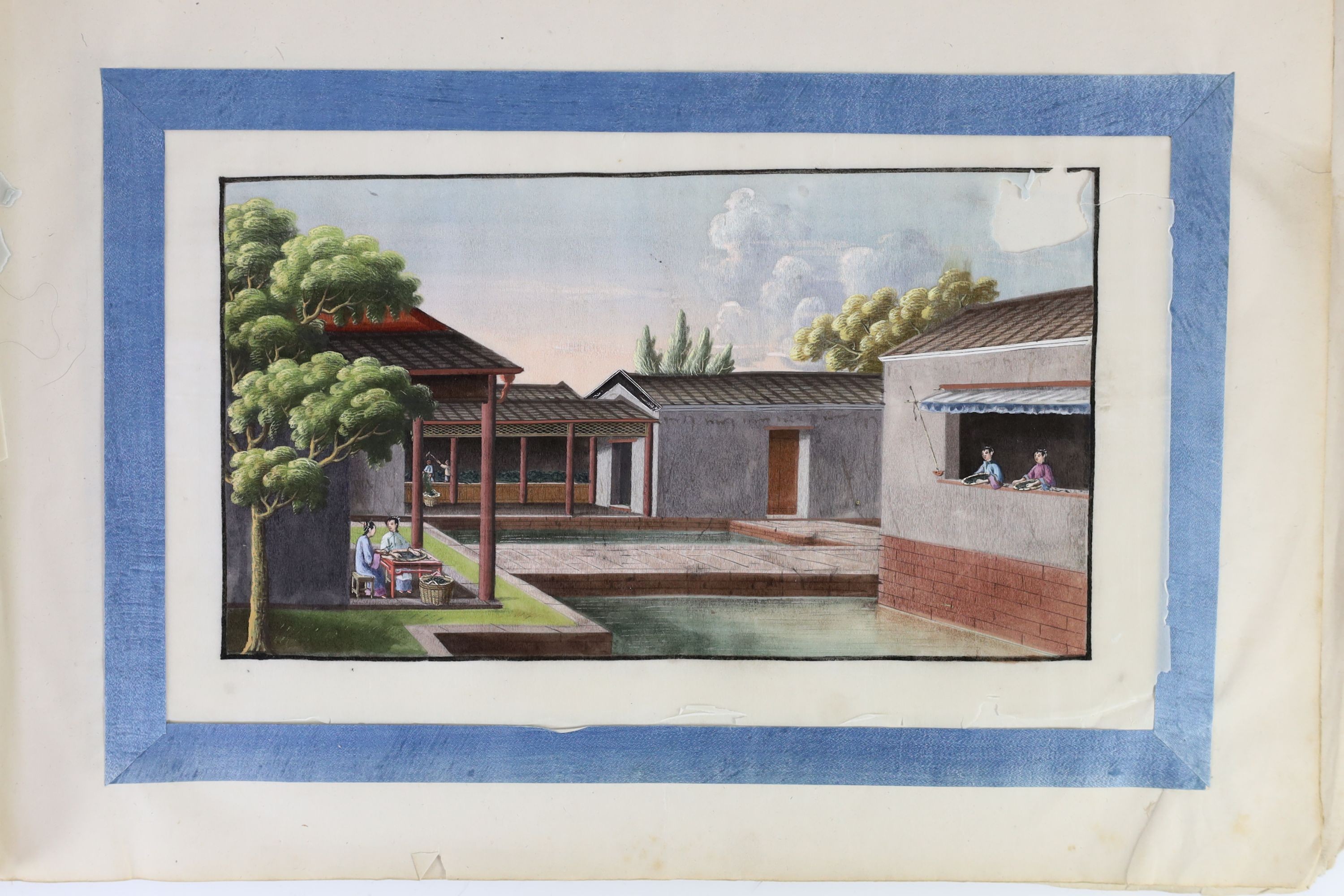 An album of eleven Chinese ‘tea production and trading’ pith paintings, Guangzhou, mid 19th century, Album 25.5 cm X 37 cm, Some losses